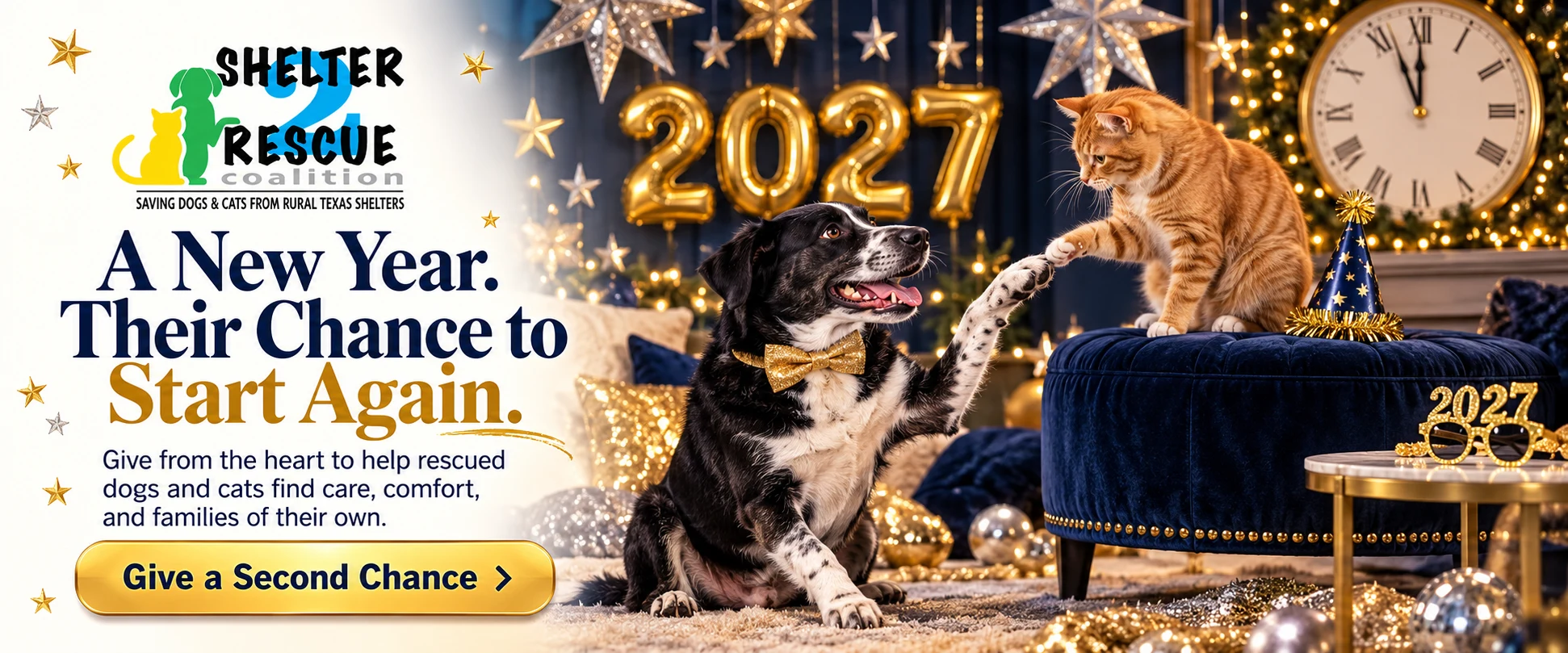 A dog and cat touch paws at a gold and navy 2027 celebration without fireworks.