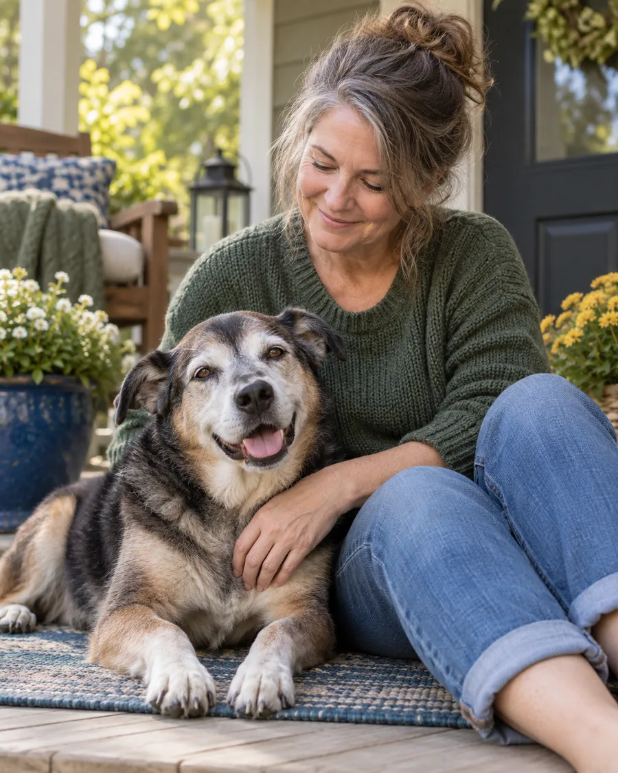 A senior rescue dog relaxing on a porch with a long-term foster volunteer